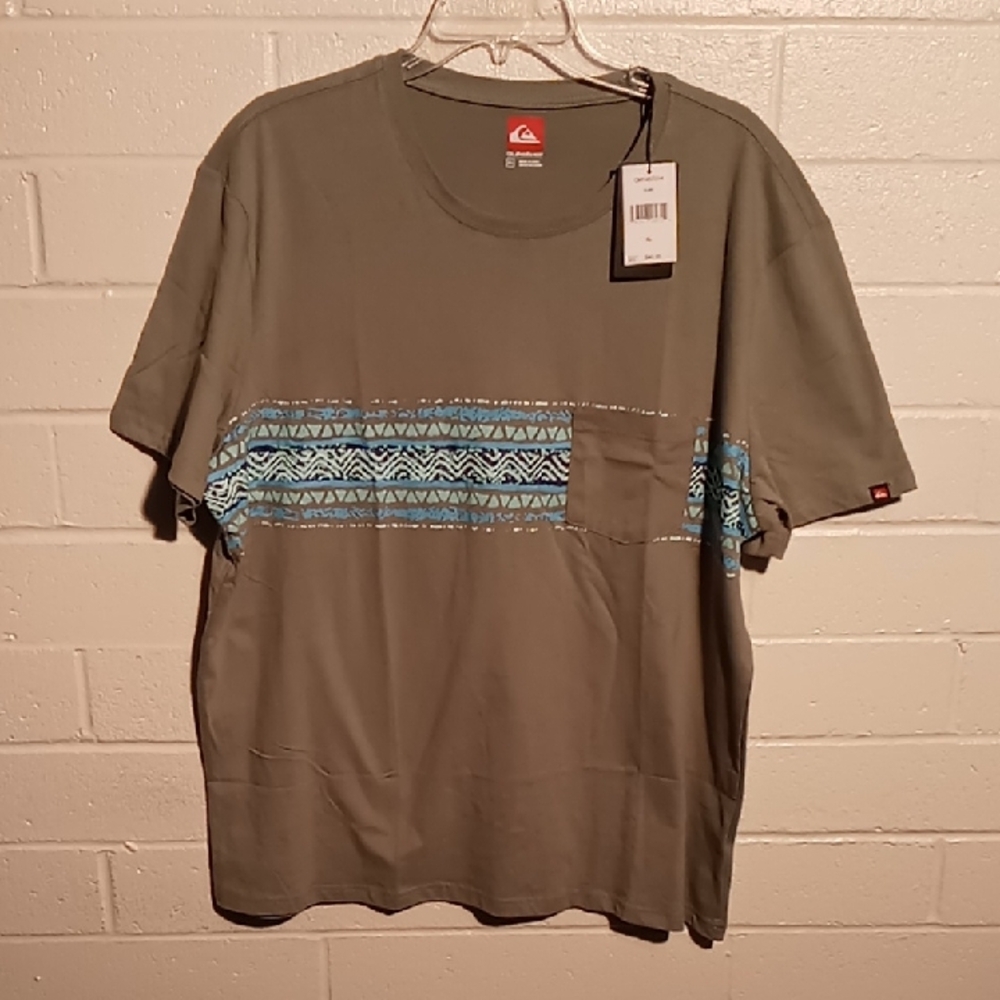 Quiksilver Green and Blue Short Sleeve Pocket Tee with Geometric Pattern